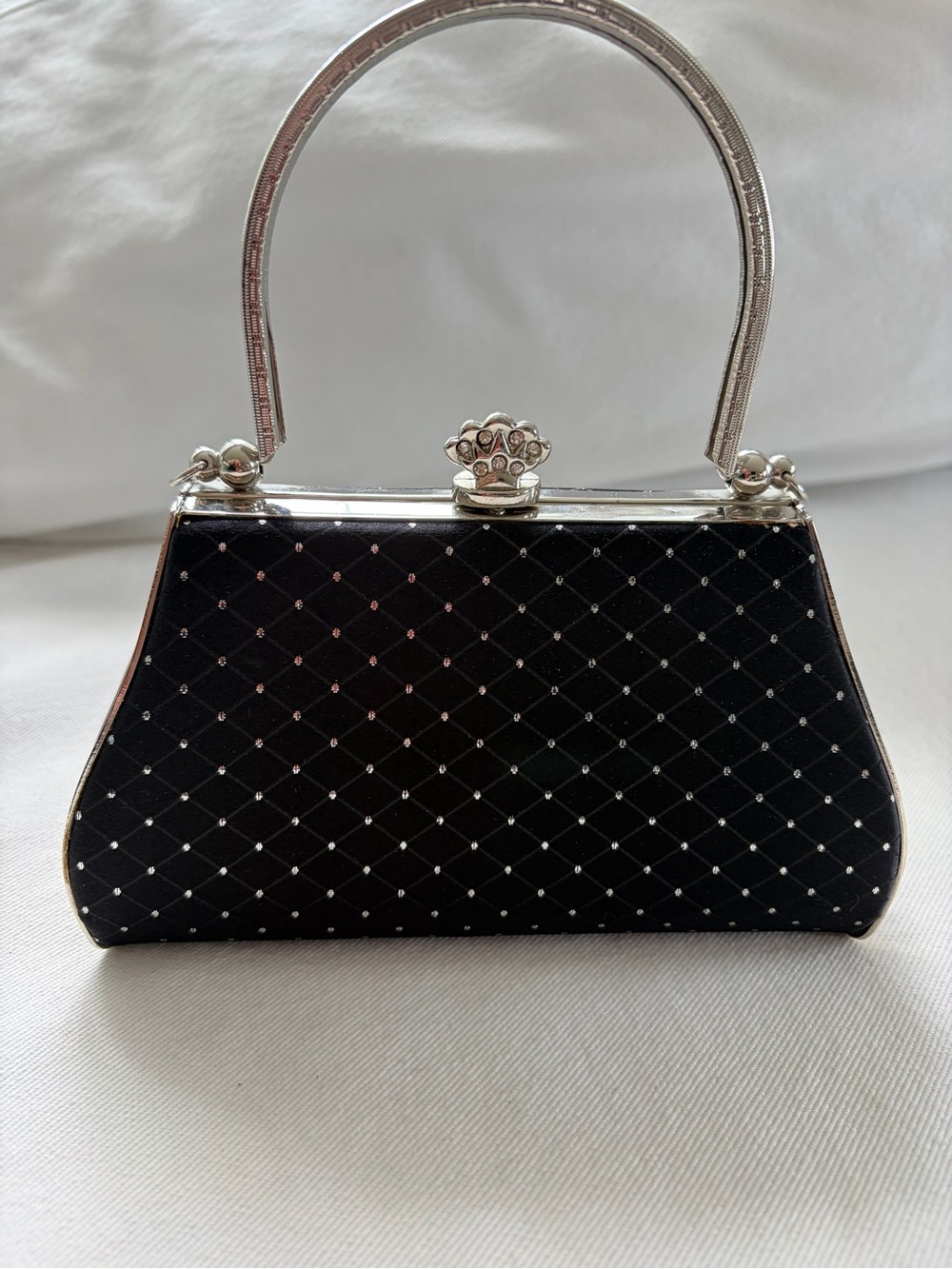 Elegant Black Quilted Evening Handbag with Silver Trim